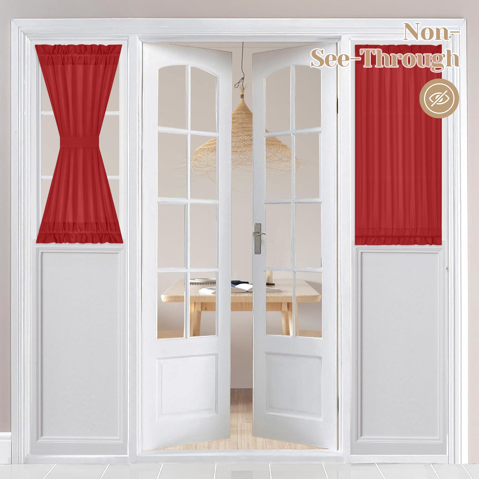 Homeideas Non-See-Through French Door Curtains Set Of 2 For Front Door, Light Filtering Privacy Semi Sheer Window Curtains With Rod Pocket And Tie Back, Red, 26W X 40L Inch